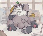  2021 anthro armpit_hair balls belly big_balls blush body_hair brown_body buffalonickels canid canine genitals male mammal moobs nipples overweight overweight_male penis raccoon_dog sitting solo tanuki 