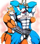  2020 abs anthro bdsm bearlovestiger13 biceps blue_body blue_eyes blue_fur blush bodily_fluids bondage bound bow_tie bulge canid canine canis clothed clothing digital_media_(artwork) doggie_kruger domestic_dog duo english_text erection erection_under_clothing eye_contact fur genital_outline hands_behind_head hands_tied happy_birthday hi_res looking_at_another male male/male mammal masato masturbation mechanical_arm muscular muscular_anthro muscular_male nipple_fetish nipple_pinch nipple_play nipples open_mouth orange_body orange_fur pecs penile penile_masturbation penis_outline pinch power_rangers power_rangers_spd red_eyes restraints rope rope_bondage scar super_sentai text tokusou_sentai_dekaranger tongue tongue_out underwear whiskers white_body white_fur wolf 