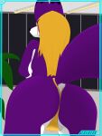  3:4 anthro blonde_hair butt canid canine clothing curves female fluffy fluffy_tail fox fur future hair hi_res humanoid mammal plant purple_body purple_fur soft solo sporefox sporefox1 thong underwear 