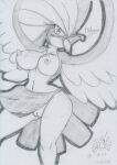  2021 anthro avian beak bird blush bodily_fluids breasts clothed clothing female genital_fluids genitals graphite_(artwork) jojo_pose loincloth_only looking_at_viewer lunaris_parukia navel nintendo nipples no_underwear open_beak open_mouth pidgeot pok&eacute;mon pok&eacute;mon_(species) pok&eacute;morph pussy pussy_juice solo topless traditional_media_(artwork) video_games wings 