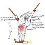  1:1 absurd_res anthro arms_tied bodily_fluids bound butt crying domestic_cat english_text felid feline felis frustrated_robbery genital_fluids hi_res legs_tied male mammal pain peeing red_butt robbery sadism screaming solo spank_marks spanked_butt spanking tears text trapodraws urine wetting 