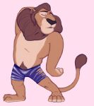  anthro better_version_at_source body_hair bottomwear clothing disney eyes_closed felid happy_trail leodore_lionheart lion male mammal pantherine shirtless shorts solo spectral-bat standing zootopia 