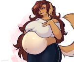  2021 absurd_res anthro bahnbahn_(artist) belly big_belly big_breasts bird_dog blue_eyes breasts brown_hair canid canine canis clothed clothing crop_top domestic_dog ear_piercing ear_ring female fur golden_retriever hair hi_res huge_breasts hunting_dog long_hair looking_at_viewer mammal mature_anthro mature_female navel outie_navel piercing pregnant pregnant_female retriever rhoda_(the_dogsmith) shirt smile solo tan_body tan_fur topwear 