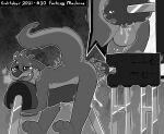  2021 absurd_res anal animal_dildo animal_sex_toy blush bodily_fluids canine_dildo close-up crownedvictory cutaway dildo english_text fucking_machine greyscale hi_res kinktober lutrine machine male mammal masturbation monochrome mustelid open_mouth penetration profanity sex_toy solo sweat tagme text 