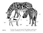  1994 ambiguous_gender antelope bovid english_text equid equine feral fur gazelle grass group humor mammal monochrome plant striped_body striped_fur stripes text thomson&#039;s_gazelle tim_o&#039;rourke true_antelope zebra 
