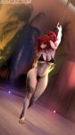  3d_(artwork) 5_fingers 9:16 ali_valencia anthro bikini bovid caprine clothed clothing dancing depth_of_field digital_media_(artwork) dominussfm eyes_closed female fingers goat hair hi_res hooves horn mammal odst pole pole_dancing red_hair solo source_filmmaker swimwear tattoo 