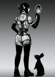  2021 anthro black_and_white bloomers bone boots bottomwear cedric_(hladilnik) clothing corset didelphid eyewear feral footwear glasses hair hair_bun hi_res hladilnik lagomorph leporid lingerie mammal marsupial mary_ann_(hladilnik) mirror monochrome rabbit topwear underwear 