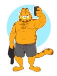  3:4 anthro belly big_belly bottomwear clothed clothing domestic_cat eclipsewolf felid feline felis garfield_(series) garfield_the_cat half-closed_eyes hi_res male mammal narrowed_eyes navel phone selfie shorts smile smirk solo topless 