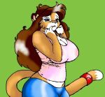  anthro big_breasts blue_eyes bottomwear breasts brown_hair clothed clothing danellz digital_media_(artwork) felid female hair jewelry kathy_(danellz) lion mammal pantherine pants ring shirt solo tail_jewelry tail_ring topwear 