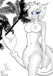  2021 anthro areola big_breasts biped blue_eyes breasts digital_drawing_(artwork) digital_media_(artwork) eye_through_hair eyebrow_through_hair eyebrows female fingers fish genitals hair hi_res looking_at_viewer marine monochrome natasha_(pk) navel nipples non-mammal_breasts not_furry nude outside palm_tree pk_artist plant pussy shark signature simple_background sky smile smiling_at_viewer solo teeth translucent translucent_hair tree 