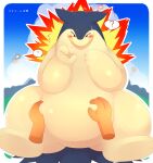  2021 absurd_res ai_only_dream anthro belly belly_rub blue_body blue_sky bodily_fluids charizard confusion digital_media_(artwork) disembodied_hand duo feral fire floating_hands front_view fur hand_on_stomach hi_res mopemope nintendo obese overweight pok&eacute;mon pok&eacute;mon_(species) red_eyes sky slightly_chubby solo_focus squeezing_belly sweat typhlosion video_games yellow_body yellow_fur 