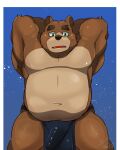  2021 anthro asian_clothing belly blue_clothing blue_fundoshi blue_underwear bodily_fluids brown_body brown_fur bulge clothing east_asian_clothing fundoshi fur genital_outline hi_res japanese_clothing kemono male mammal moobs overweight overweight_male penis_outline solo sweat tiri_mama underwear ursid 