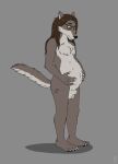  animal_genitalia anthro balls canid canine canis eyewear genitals glasses hands_on_belly hi_res looking_at_self looking_down male mammal multi_nipple nipples nude plantigrade pregnant pregnant_male priestofjashin sheath solo standing wolf 