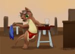  alcohol anthro bar barstool beverage black_nose blush brown_body bryce_daeless bulge clothing countershading doesnotexist drunk green_eyes looking_at_viewer lutrine male mammal mustelid panties paws solo substance_intoxication tan_body underwear 