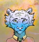  abstract_background anthro blue_body blue_fur cheek_tuft close-up closed_smile clothed clothing colored cross-hatching cute_expression cute_eyes cute_fangs dress_shirt facial_tuft felid feline fur gradient_fur green_eyes hatching_(art) hi_res inner_ear_fluff juwunipur looking_at_viewer mammal neck_tuft necktie one_tooth pantherine pastel shaded shirt smile stripes stylized teeth tiger topwear traditional_media_(artwork) tuft white_nose 