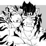  2021 anthro black_and_white black_hair chest_scar duo embrace eurobeat eyebrows facial_scar felid fur grey_background hair hi_res hug inner_ear_fluff male male/male mammal monochrome muscular muscular_anthro muscular_male one_eye_closed pang pantherine scar sdorica shirtless short_hair simple_background striped_body striped_fur stripes thick_eyebrows tiger tuft yao_(sdorica) 