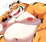  12beat13 belly big_belly cute_fangs eyes_closed eyewear felid fur glasses humanoid_hands male mammal moobs navel nipples obese obese_male orange_body orange_fur overweight overweight_male pantherine pink_nose simple_background tiger white_background 