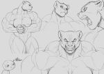  2021 absurd_res anthro big_breasts big_muscles breasts duo felid female guennol_lioness hi_res huge_muscles human hyper hyper_muscles lion looking_at_viewer male mammal monochrome muscular muscular_anthro muscular_female muscular_thighs pantherine pokkuti sketch thick_thighs 