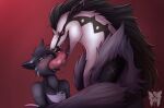  absurd_res anthro black_body black_fur bodily_fluids domestic_cat drooling duo extreme_french_kiss felid feline felis french_kissing fur grey_body grey_fur hi_res kissing male male/male mammal mia_velenosa_(miasmium) nintendo obstagoon okuri pok&eacute;mon pok&eacute;mon_(species) saliva size_difference teeth tongue tongue_in_mouth tongue_in_throat tongue_out video_games white_body white_fur 