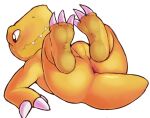  agumon anthro anus balls bandai_namco blush claws conditional_dnp digimon digimon_(species) feet genitals looking_aside lying male on_back orange_body simple_background soles solo white_background zackary911 