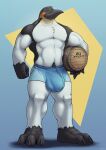  anthro avian balls_outline barrel beak big_bulge big_feet big_muscles bird bottomwear bulge chest_tuft clothed clothing corrsk digital_media_(artwork) eyes_closed feet genital_outline hi_res male muscular muscular_anthro muscular_male paws penguin penis_outline shorts simple_background smile solo swimwear topless tuft 