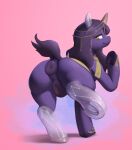  2021 absurd_res anus butt equid equine fan_character female feral genitals hair hasbro hi_res hooves horn long_hair looking_back mammal my_little_pony purple_hair pussy quadruped rear_view smile solo standing stardep unicorn urania yellow_eyes 