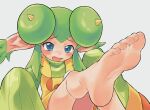  5_toes animal_humanoid barefoot blue_eyes blush clothing embarrassed feet female foot_focus green_hair hair hi_res humanoid humanoid_feet lidelle long_sleeves merienda open_mouth puyo_puyo soles solo sweater toes topwear 