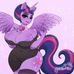  anthro big_breasts breasts clothing equid equine eyeshadow female friendship_is_magic hasbro hi_res horn huge_breasts jewelry legwear lipstick looking_at_viewer makeup mammal my_little_pony necklace nipple_slip orions-tipp simple_background smile solo squish thick_thighs thigh_highs thigh_squish twilight_sparkle_(mlp) winged_unicorn wings 
