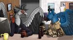  accipitriform alcohol ambiguous_gender anthro archgryphon avian beak beer beverage bird blue_body blue_eyes blue_jay celestial_orca claws clothed clothing corvid curved_horn detailed_background digital_media_(artwork) duo feathered_crest feathers fur grey_body grey_feathers grey_fur gryphon head_crest himeli horn jay_(bird) male multi_ear mythological_avian mythology new_world_jay open_mouth oscine passerine paws pupils redlettermedia secretary_bird sekr sekr-et-tiar_(sekr) slit_pupils smile talon_hands talons wings yellow_eyes 