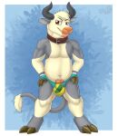  2021 anthro balls_outline blue_background border bovid bovine bulge cattle clothed clothing collar detailed_bulge eyebrows fur gaokun genital_outline grey_body grey_ears grey_fur hair hi_res looking_at_viewer male mammal multicolored_body multicolored_fur partially_clothed red_eyes simple_background skimpy solo two_tone_body two_tone_fur underwear watermark white_body white_border white_fur white_hair 