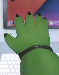  5_fingers anthro black_claws blurred_background claws computer depth_of_field desk fingers fur furniture green_body green_fur hi_res keyboard laptop lifewonders live-a-hero male mokdai photo slightly_chubby solo video_games wristband zuboboz 