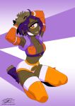  2021 5_fingers 5_toes ahoge arm_warmers armwear bottomwear breasts cleavage clothed clothing crop_top cute_fangs cyclops dark_body dark_skin eyelashes feet female fingers hair hardtones hi_res humanoid kneeling looking_at_viewer midriff navel not_furry orange_eyes petra_(hardtones) purple_hair raised_arms shirt short_hair shorts side_boob signature small_breasts solo toeless_legwear toes tongue tongue_out topwear 