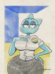  3:4 anthro big_breasts blue_body blue_fur bottomwear breasts cartoon_network clothed clothing colored curvy_figure domestic_cat english_text felid feline felis female fingers fur half-closed_eyes half-length_portrait hand_on_breast hand_on_hip hi_res looking_at_viewer mammal mature_anthro mature_female narrowed_eyes nicole_watterson portrait shirt skirt solo text the_amazing_world_of_gumball topwear voluptuous wide_hips wolftang 