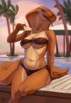  2021 5_fingers alcohol anthro bedroom_eyes beverage bikini blue_eyes breasts clothed clothing cloud cobra digital_media_(artwork) fangs female fingers hi_res narrowed_eyes navel neracoda non-mammal_breasts open_mouth orange_body orange_scales palm_tree plant reptile scales scalie seductive sitting sky smile snake snake_hood solo swimming_pool swimwear tongue tongue_out tree water 