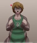  &lt;3 anthro apron basdl2003 big_breasts blush bodily_fluids breasts clothing female green_apron hair hi_res i_mean_breast_milk lactating mammal marine meme mostly_nude nipples pinniped seal solo tongue 