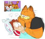  anthro anthrofied bed blush clothing domestic_cat duo embarrassed felid feline felis fur furniture garfield_(series) garfield_the_cat human humor jon_arbuckle male male/male mammal orange_body orange_fur overweight pajamas pillow shirt t-shirt topwear vilya 