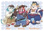  2021 agyou ailurid anthro asian_mythology babe_bunyan belly black_body blue_body bottomwear bovid bovine cattle clothing cowboy cowboy_hat cute_fangs east_asian_mythology foo_dog footwear group hat headgear headwear humanoid_hands japanese_mythology kemono komainu lifewonders male mammal mijinkoooknijim mythology necktie overalls overweight overweight_male pants red_panda sandals shirt tokyo_afterschool_summoners topwear video_games weapon white_body yōkai zhurong_(tas) 