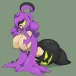  big_breasts breasts clothed clothing cute_fangs empty_eyes female gourgeist hair hair_hand hair_over_eye hi_res huge_breasts humanoid imric1251 nintendo one_eye_obstructed pok&eacute;mon pok&eacute;mon_(species) simple_background smile solo tongue tongue_out topless video_games yellow_eyes 