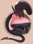  3:4 alien alien_(franchise) alien_humanoid athletic athletic_female belly big_breasts black_body blush breast_grab breasts claws clothed clothing crop_top curvy_figure cute_fangs eyeless fangs female fishnet grin hand_on_breast hand_on_own_breast hi_res hoodie humanoid legwear looking_at_viewer midriff monster not_furry pantyhose pink_clothing presenting presenting_breasts seductive sharp_claws sharp_teeth shirt simple_background smile solo teeth topwear twinkl_belle upper_body xenomorph 