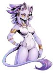  2021 absurd_res anthro armlet belladonna_(trials_of_mana) breasts cerbera featureless_breasts featureless_crotch felid feline fur hair hi_res jewelry looking_at_viewer mammal navel necklace nude pink_body pink_fur purple_body purple_fur purple_hair simple_background trials_of_mana white_background yellow_eyes 