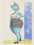  3:4 anthro big_breasts bite biting_lip blue_body blue_fur bottomwear breasts cartoon_network clothed clothing colored curvy_figure domestic_cat felid feline felis female full-length_portrait fur hand_on_hip hand_on_leg hand_on_thigh hi_res looking_back mammal mature_anthro mature_female nicole_watterson portrait shirt signature skirt solo standing the_amazing_world_of_gumball thick_thighs topwear voluptuous wide_hips wolftang 