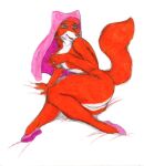  2006 anthro blue_eyes canid canine clothing danellz disney female footwear fox fur hand_over_breast headgear headwear maid_marian mammal multicolored_body nude open_mouth pink_clothing pink_footwear pink_shoes red_body red_fur robin_hood_(disney) shoes solo traditional_media_(artwork) two_tone_body 