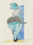  3:4 anthro big_breasts big_butt blue_body blue_fur bottomwear breasts butt cartoon_network clothed clothing colored curvy_figure domestic_cat felid feline felis female fingers full-length_portrait fur half-closed_eyes hi_res huge_butt mammal mature_anthro mature_female miniskirt narrowed_eyes nicole_watterson portrait rear_view shirt signature skirt solo standing the_amazing_world_of_gumball thick_thighs topwear upskirt voluptuous wide_hips wolftang 