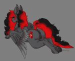  2020 anus black_hair burning_shadow_(oc) butt cutie_mark equid equine fan_character feathered_wings feathers female feral fur genitals grey_background grey_body grey_feathers grey_fur grey_wings hair hasbro hi_res hooves looking_back lying mammal multicolored_hair my_little_pony on_front pegasus pussy quadruped rear_view red_hair simple_background snowberry solo sploot two_tone_hair wings 