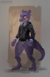  4_toes amber_eyes ambiguous_gender anthro barefoot bottomless clothed clothing featureless_crotch feet hi_res hoodie kobold maneframe nil purple_body purple_scales scales solo standing toes topwear 