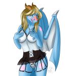  2021 5_fingers anthro blue_body breasts challenge chrystal(dragoness) chrystaldraw clothed clothing collar digital_media_(artwork) dragon drawing drawing_tablet female fingers free_space genitals hair hi_res horn lace meme nipples partially_clothed pupils pussy reptile scales scalie shirt_cut_meme slit_pupils smile solo teats tongue tongue_out white_body wings 