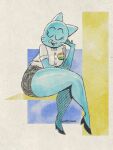  3:4 anthro blue_body blue_fur bottomwear breasts cartoon_network clothed clothing colored domestic_cat eyes_closed felid feline felis female fingers footwear fur hi_res high_heels mammal mature_anthro mature_female nicole_watterson open_mouth shirt signature sitting skirt solo the_amazing_world_of_gumball thick_thighs topwear wolftang 