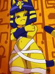  animal_crossing ankha_(animal_crossing) anthro convenient_censorship crossed_arms deathzera domestic_cat felid feline felis female frown hi_res looking_at_viewer low-angle_view mammal nintendo solo video_games wraps 
