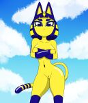  animal_crossing ankha_(animal_crossing) anthro arm_markings big_breasts blue_hair breasts cloud digital_media_(artwork) dipstick_tail domestic_cat edit egyptian felid feline felis female fur hair hi_res leg_markings looking_at_viewer mammal markings navel nintendo nude nude_edit outside sam-runner251 sky solo tail_markings video_games yellow_body 