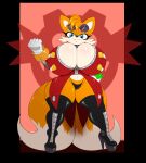  2021 2_tails anthro big_breasts black_nose blue_eyes breasts canid canine cleavage clothed clothing crossgender digital_media_(artwork) dipstick_tail eyewear eyewear_on_head female fist fox front_view hi_res huge_breasts looking_at_viewer mammal markings miles_prower mtf_crossgender multi_tail navel nipple_outline sega simple_background smile solo sonic_the_hedgehog_(series) suirano tail_markings thick_thighs wide_hips 